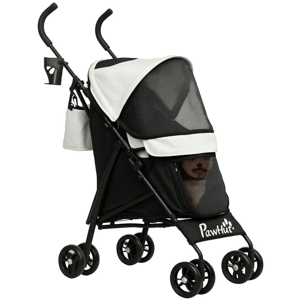 PawHut Carrinho para Cães Pequenos com Estrutura Compacta Carrinho Dobrável com Colchão Lavável Suporte para Copos Janelas de Rede e Bolsa de Arrumação 76x44x103 cm Creme