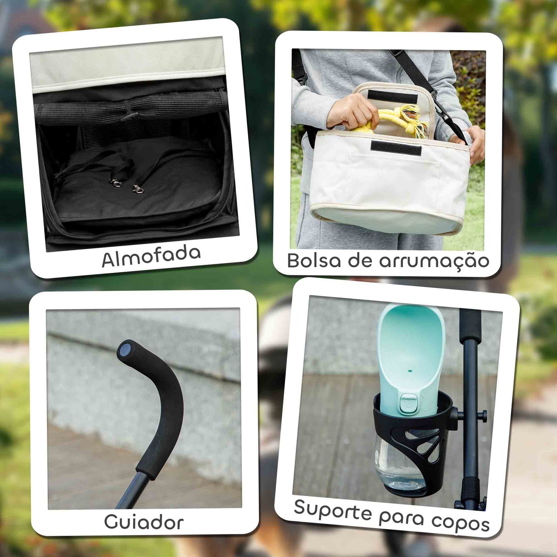 PawHut Carrinho para Cães Pequenos com Estrutura Compacta Carrinho Dobrável com Colchão Lavável Suporte para Copos Janelas de Rede e Bolsa de Arrumação 76x44x103 cm Creme