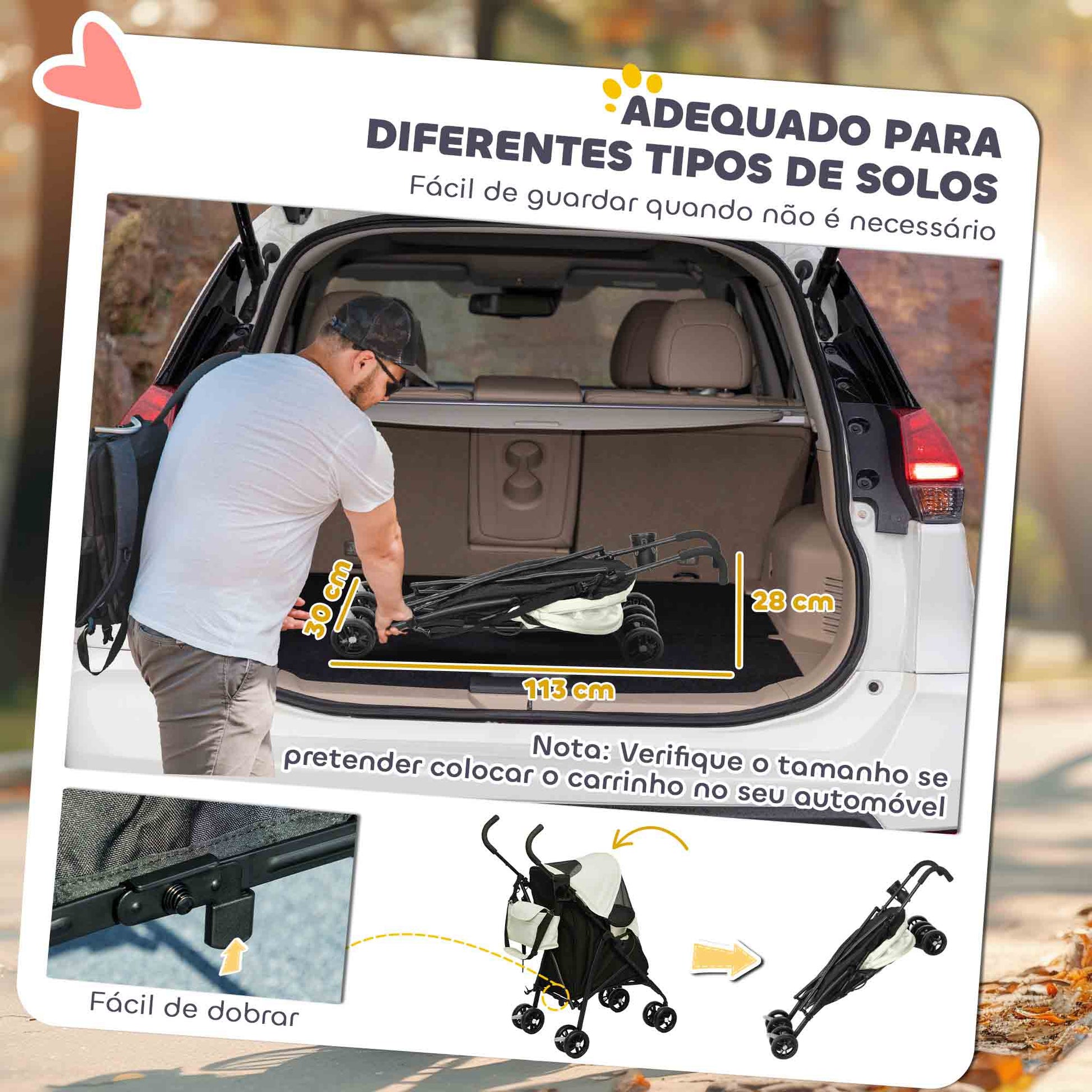 PawHut Carrinho para Cães Pequenos com Estrutura Compacta Carrinho Dobrável com Colchão Lavável Suporte para Copos Janelas de Rede e Bolsa de Arrumação 76x44x103 cm Creme