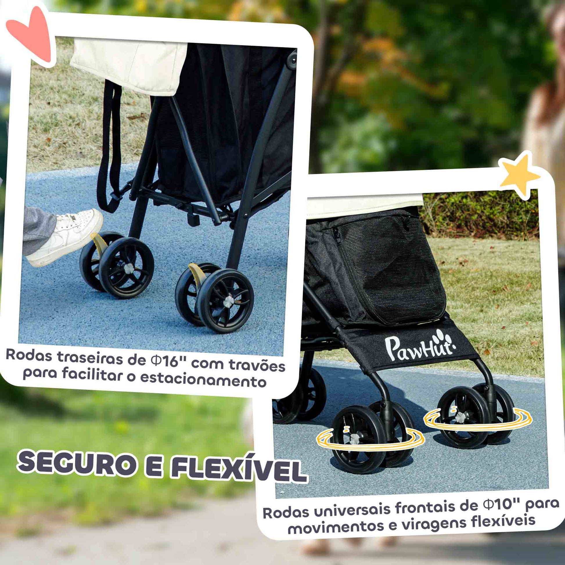 PawHut Carrinho para Cães Pequenos com Estrutura Compacta Carrinho Dobrável com Colchão Lavável Suporte para Copos Janelas de Rede e Bolsa de Arrumação 76x44x103 cm Creme