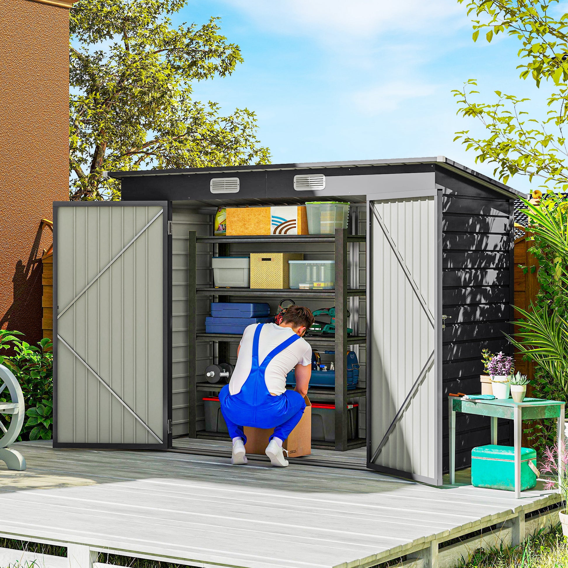 Abrigo de Jardim 2,7m² 249x121x183 cm Abrigo de Exterior com Porta Dupla 2 Ventilaç4oes e Trava Abrigo para Pátio Cinza