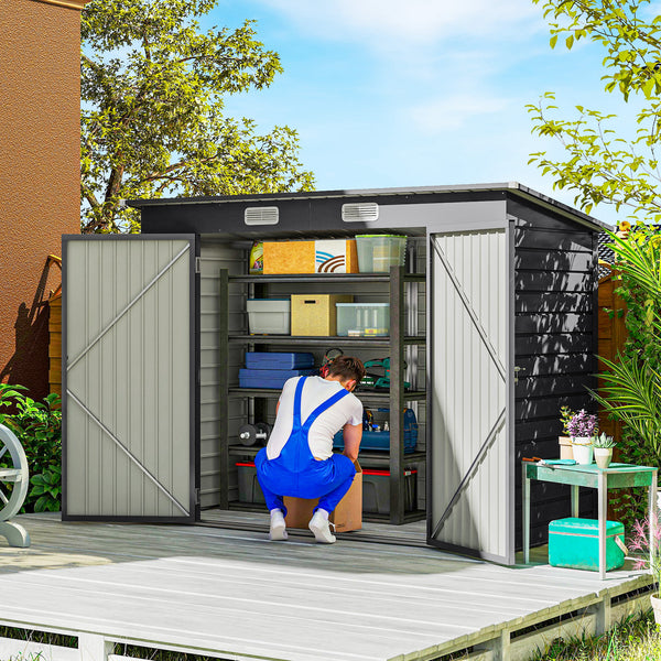 Abrigo de Jardim 2,7m² 249x121x183 cm Abrigo de Exterior com Porta Dupla 2 Ventilaç4oes e Trava Abrigo para Pátio Cinza