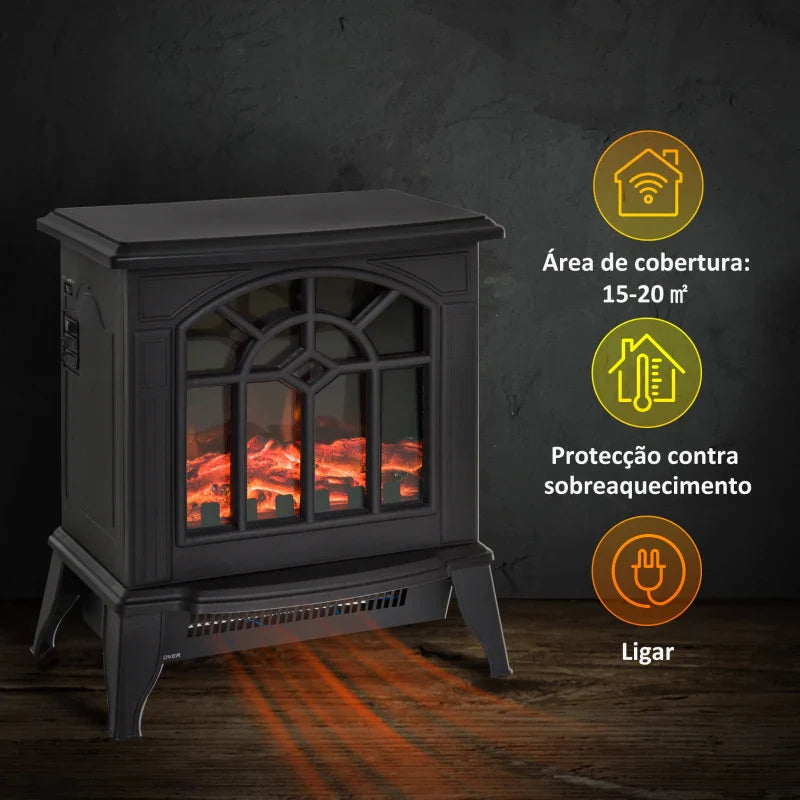 Lareira Elétrica Portátil 1000/2000W com Simulação de Chama Realista Termostato para Salas de até 20m² 36,5x24x46cm Preto