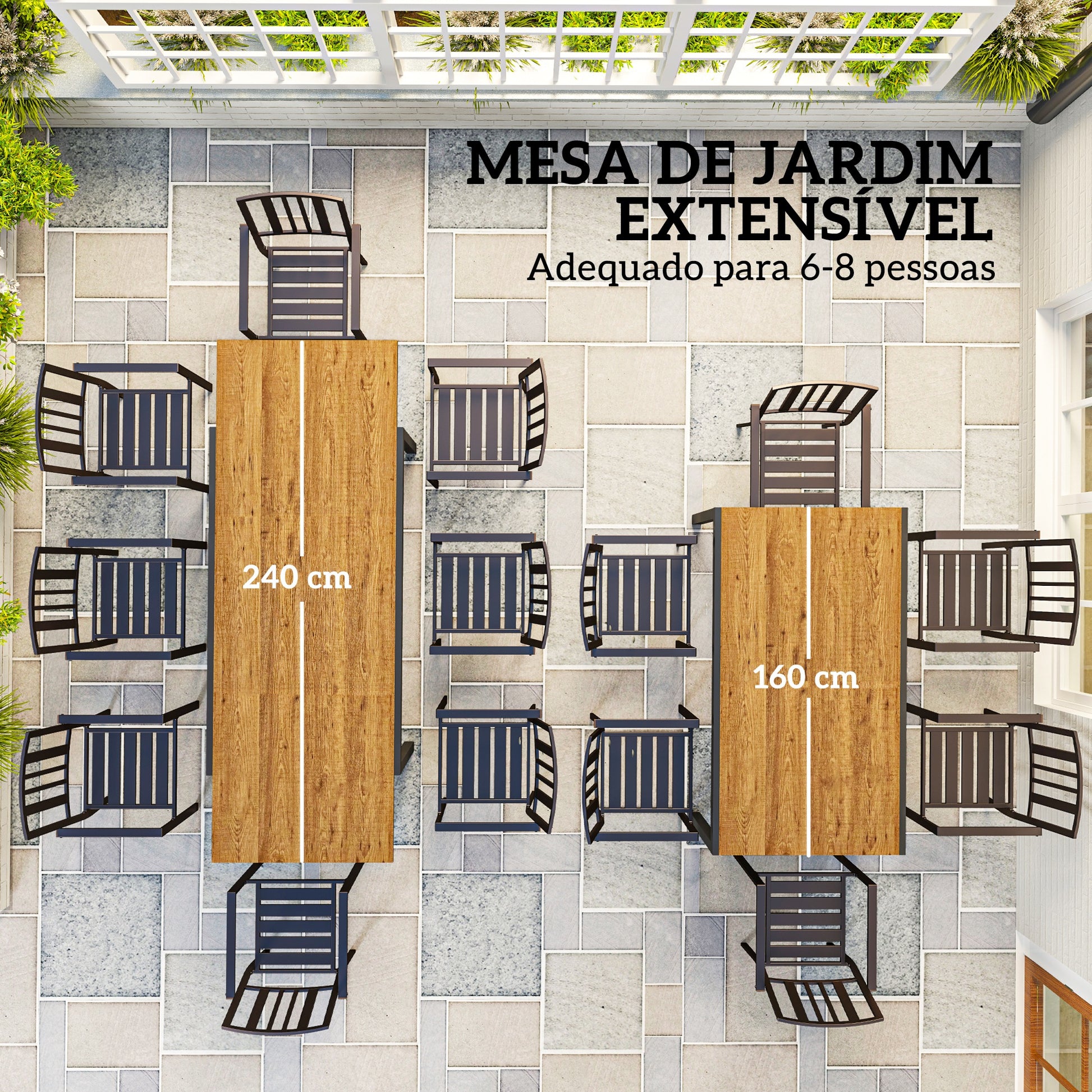 Mesa de Jardim Extensível Mesa de Jantar Exterior Ajustável 160-240 cm com Bordo de Alumínio Carga 70 kg Mesa Retangular para 6-8 Pessoas para Pátio Varanda Marrom