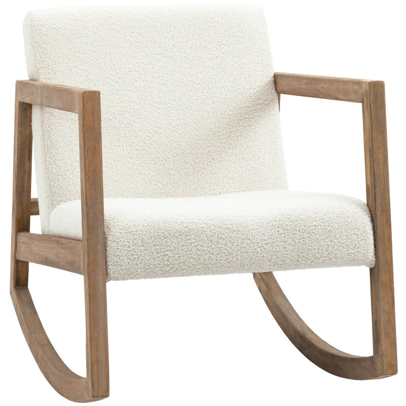 Poltrona Baloiço Estofada em Tecido Borreguito Poltrona Baloiço com Assento Acolchoado Apoio para os Braços e Pés de Madeira de Borracha para Sala de Estar Dormitório 60x81x71cm Creme