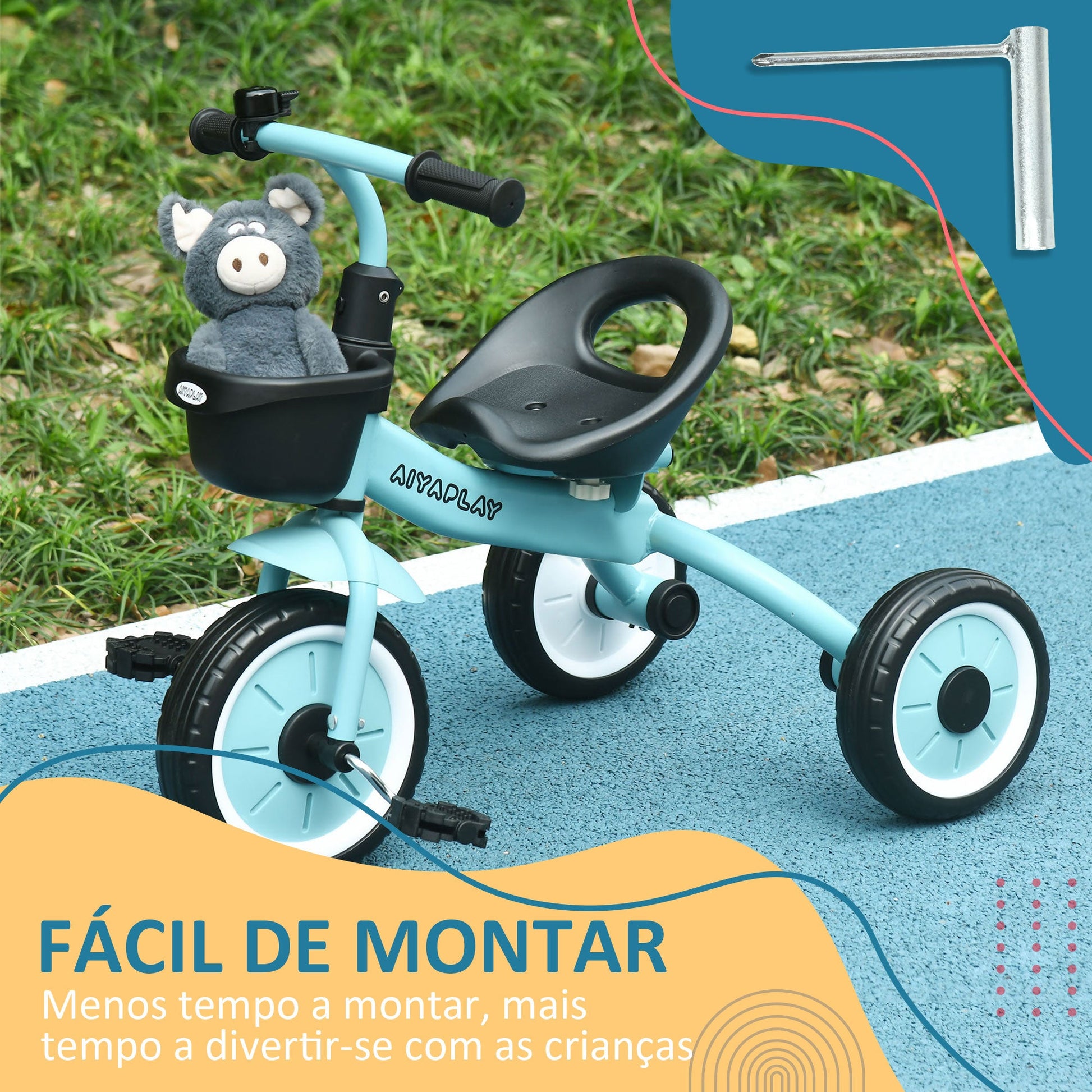 AIYAPLAY Triciclo para Crianças de 2 a 5 anos Triciclo Infantil com Assento Ajustável Cesta Buzina e Pedais e 3 Rodas Carga Máxima 25 kg 70,5x53x58 cm Azul