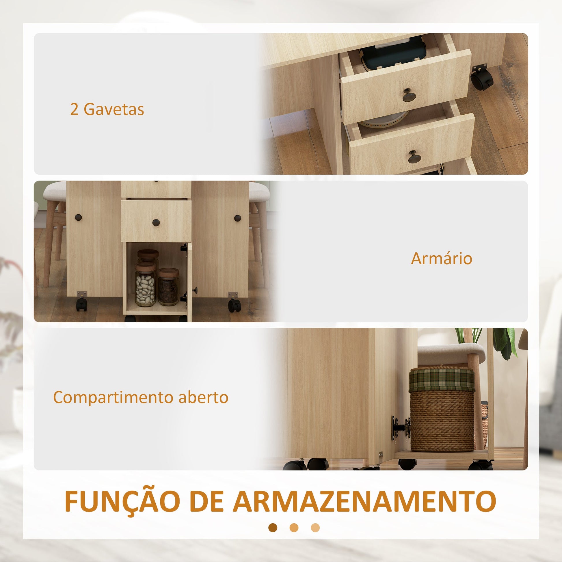Mesa de Jantar Dobrável com Rodas Mesa Abatível com 2 Gavetas e Armário Mesa Auxiliar Multifuncional para Estúdio Cozinha 120x60x76,5 cm Madeira