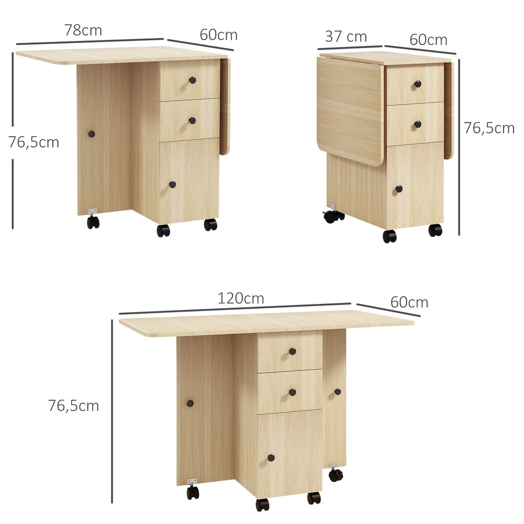 Mesa de Jantar Dobrável com Rodas Mesa Abatível com 2 Gavetas e Armário Mesa Auxiliar Multifuncional para Estúdio Cozinha 120x60x76,5 cm Madeira
