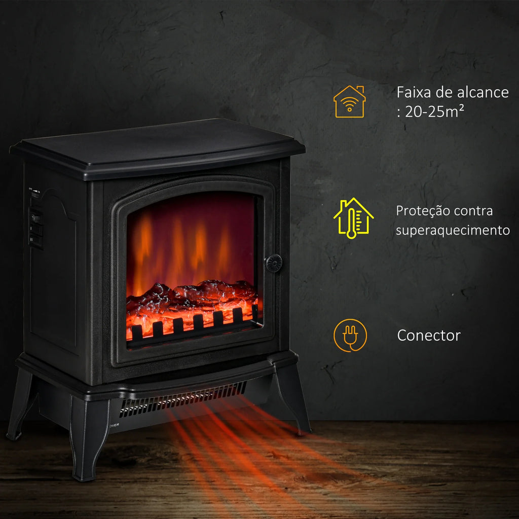 Lareira Elétrica Portátil 1000/2000W com Simulação de Chama Termostato Ajustável e Proteção de Superaquecimento para Salas de até 25m² 36,5x24x41,5cm Preto