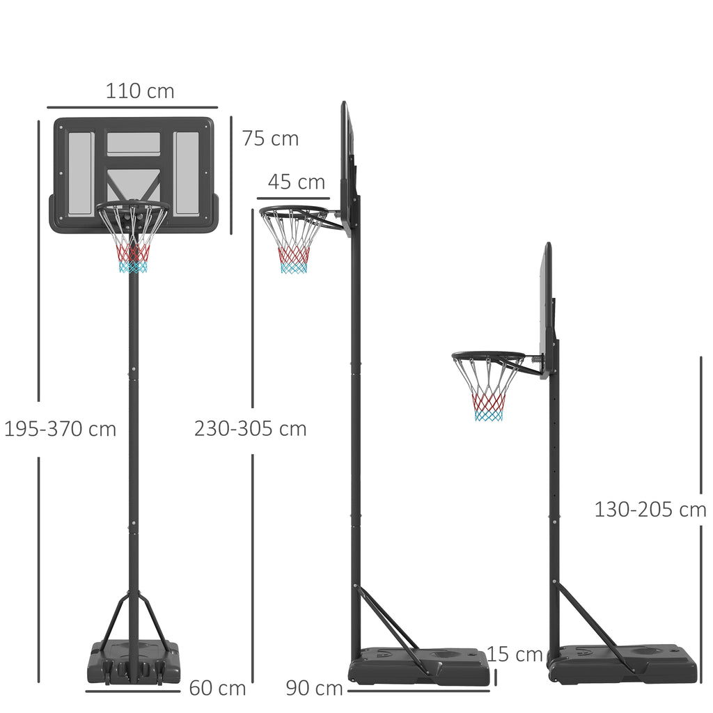 SPORTNOW Tabela de Basquetebol de Exterior 2 em 1 com Altura Ajustável 230-305 cm Cesta de Basquetebol para Piscina com Suporte Tabela de Basquetebol com Rodas Base Preenchível 110x75x195-370 cm Preto