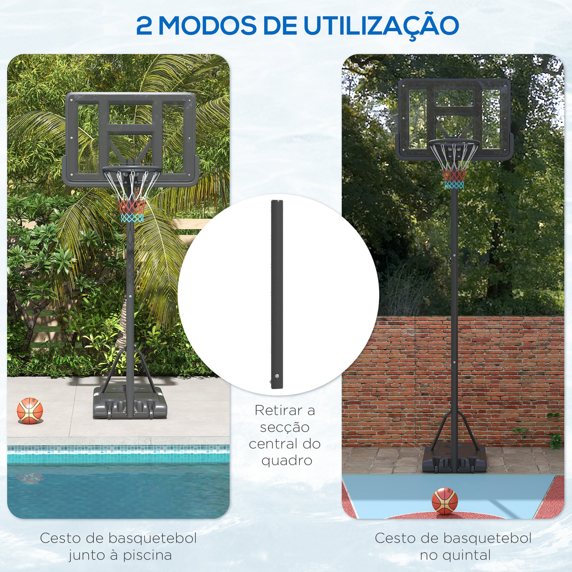 SPORTNOW Tabela de Basquetebol de Exterior 2 em 1 com Altura Ajustável 230-305 cm Cesta de Basquetebol para Piscina com Suporte Tabela de Basquetebol com Rodas Base Preenchível 110x75x195-370 cm Preto