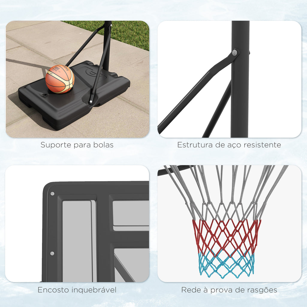 SPORTNOW Tabela de Basquetebol de Exterior 2 em 1 com Altura Ajustável 230-305 cm Cesta de Basquetebol para Piscina com Suporte Tabela de Basquetebol com Rodas Base Preenchível 110x75x195-370 cm Preto