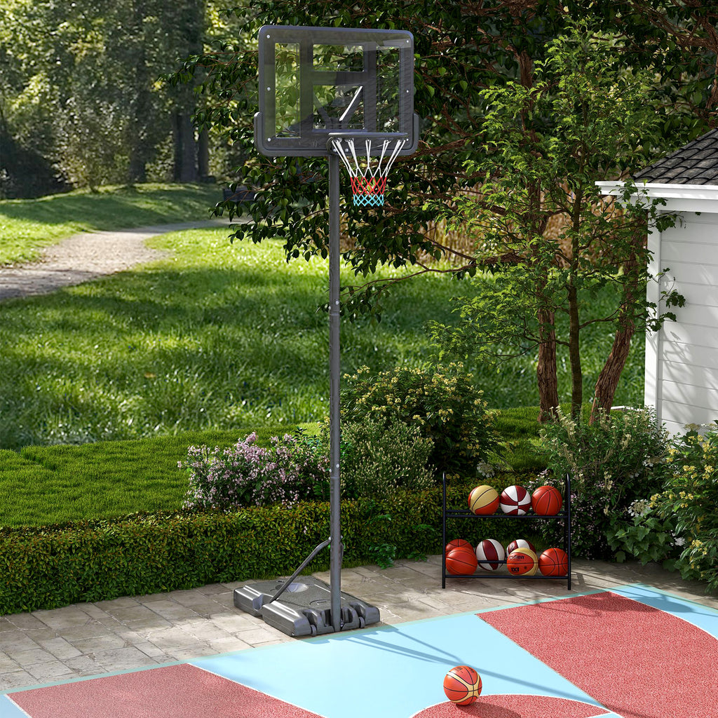 SPORTNOW Tabela de Basquetebol de Exterior 2 em 1 com Altura Ajustável 230-305 cm Cesta de Basquetebol para Piscina com Suporte Tabela de Basquetebol com Rodas Base Preenchível 110x75x195-370 cm Preto