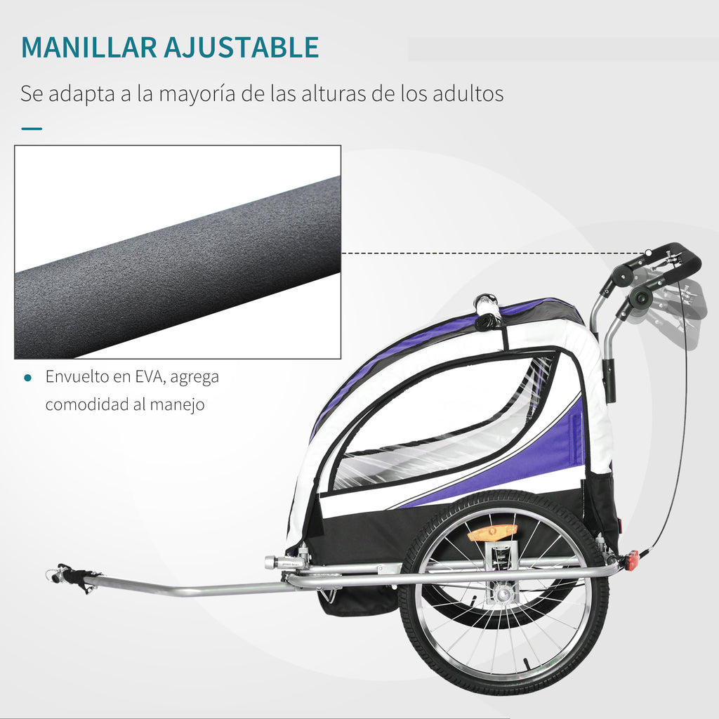 Reboque de Bicicleta para Crianças 2 em 1 com 2 Lugares Convertível em Carrinho de Passeio com Roda Dianteira Giratória a 360° Roxo