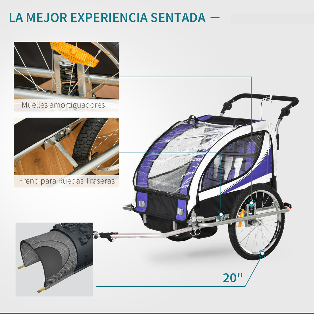 Reboque de Bicicleta para Crianças 2 em 1 com 2 Lugares Convertível em Carrinho de Passeio com Roda Dianteira Giratória a 360° Roxo