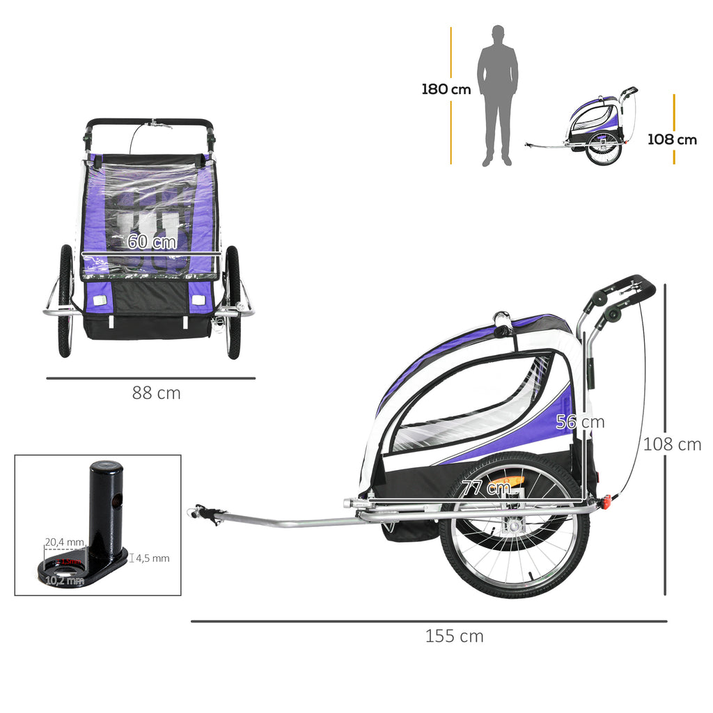 Reboque de Bicicleta para Crianças 2 em 1 com 2 Lugares Convertível em Carrinho de Passeio com Roda Dianteira Giratória a 360° Roxo