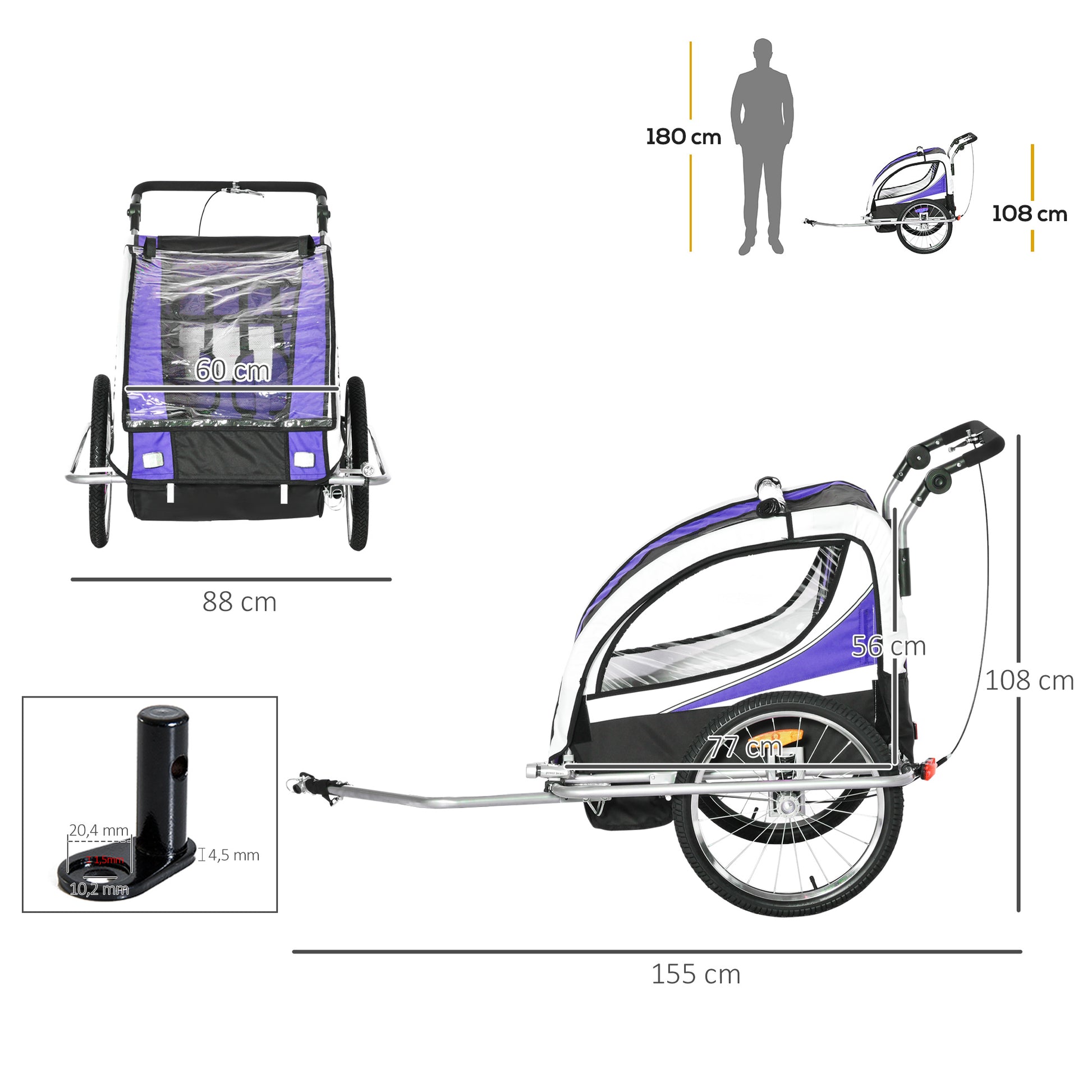 Reboque de Bicicleta para Crianças 2 em 1 com 2 Lugares Convertível em Carrinho de Passeio com Roda Dianteira Giratória a 360° Roxo