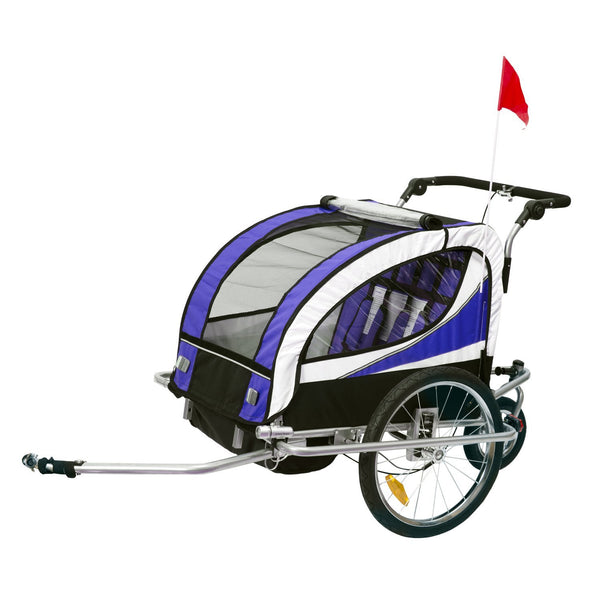 Reboque de Bicicleta para Crianças 2 em 1 com 2 Lugares Convertível em Carrinho de Passeio com Roda Dianteira Giratória a 360° Roxo