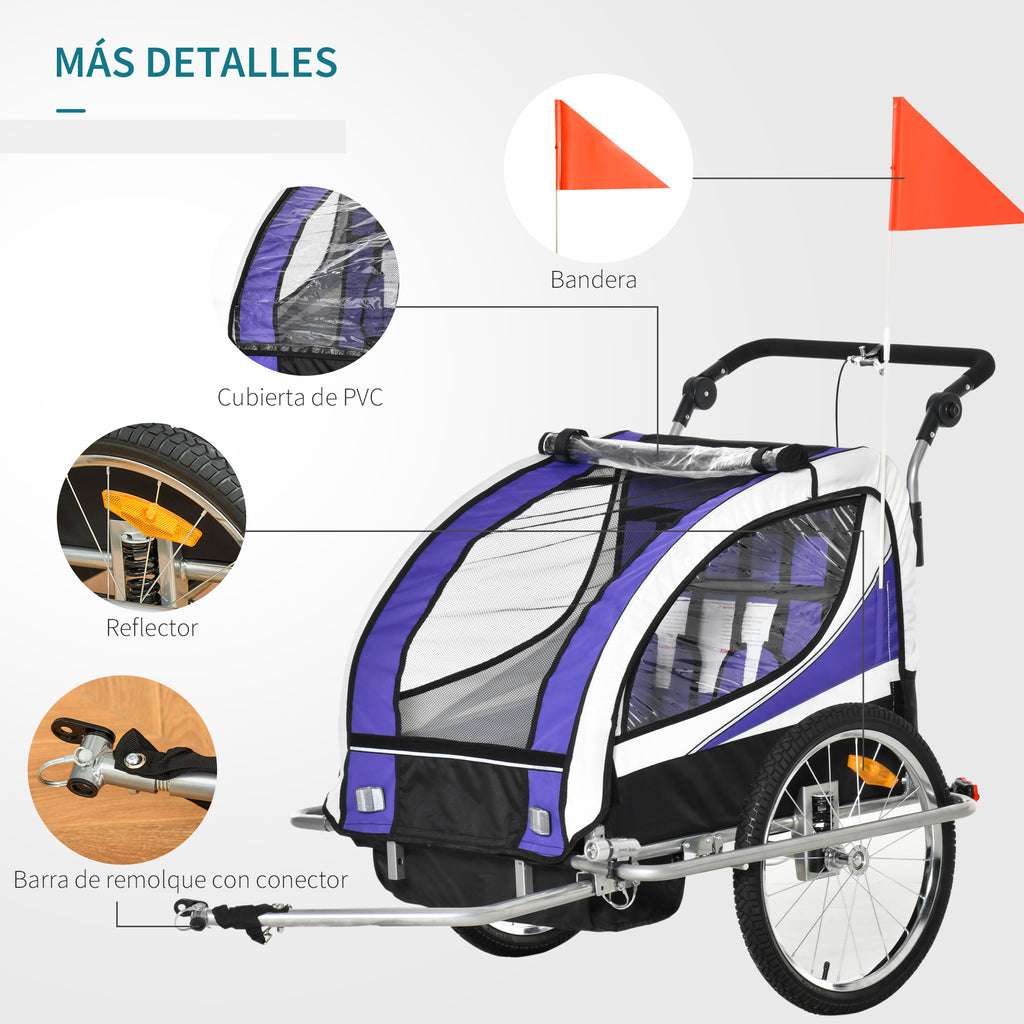 Reboque de Bicicleta para Crianças 2 em 1 com 2 Lugares Convertível em Carrinho de Passeio com Roda Dianteira Giratória a 360° Roxo