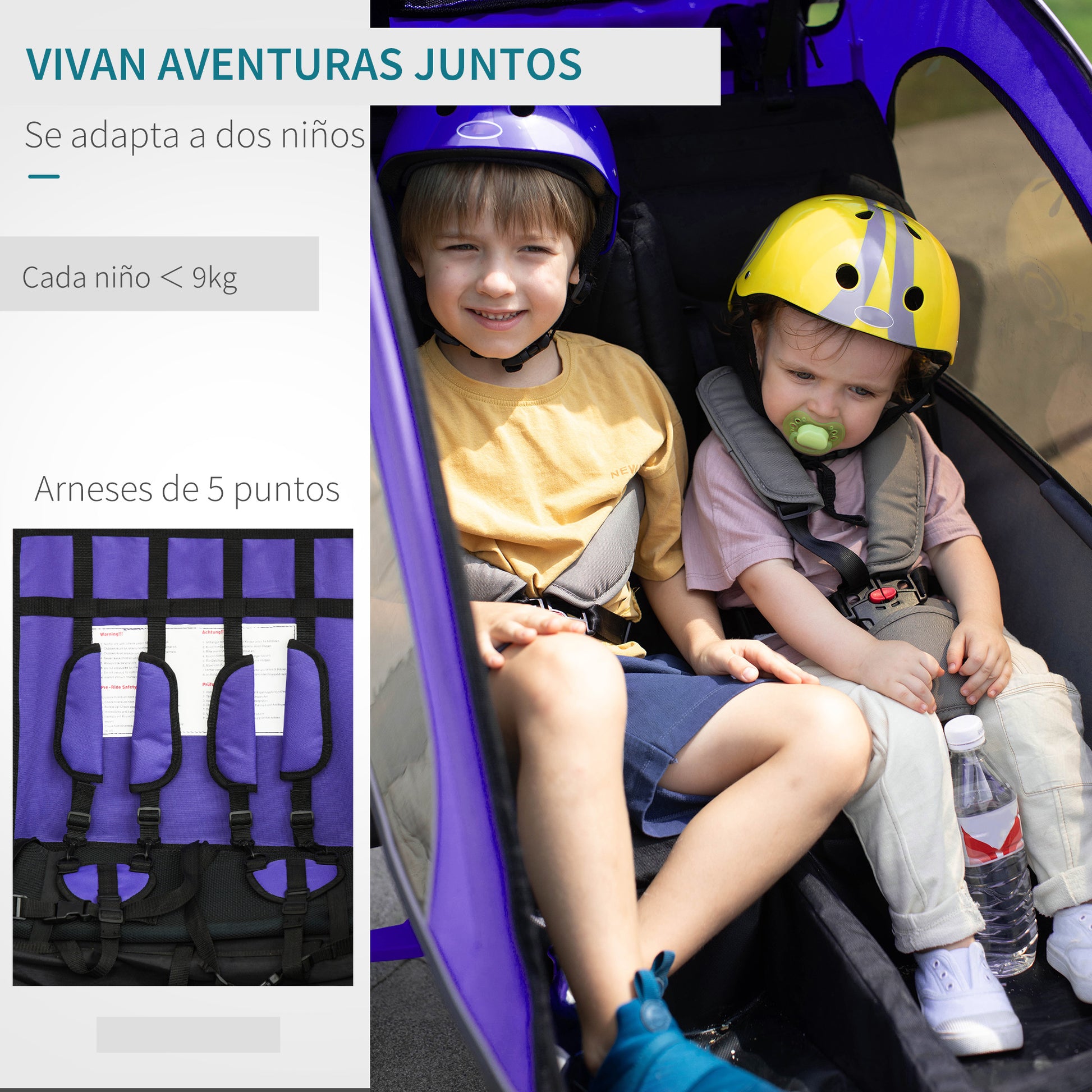 Reboque de Bicicleta para Crianças 2 em 1 com 2 Lugares Convertível em Carrinho de Passeio com Roda Dianteira Giratória a 360° Roxo