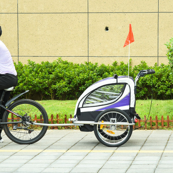 Reboque de Bicicleta para Crianças 2 em 1 com 2 Lugares Convertível em Carrinho de Passeio com Roda Dianteira Giratória a 360° Roxo