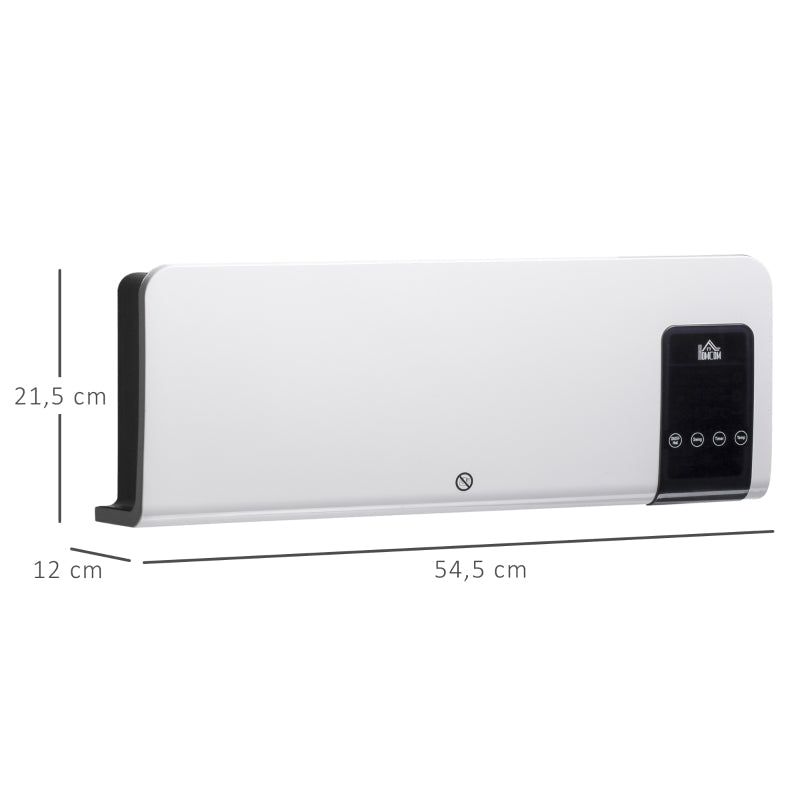 Aquecedor Elétrico de Parede 1000W/2000W Aquecedor com Ecrã LED Controlo Remoto Termostato Temporizador para Áreas de 15-20 m² 54,5x12x21,5 cm Branco