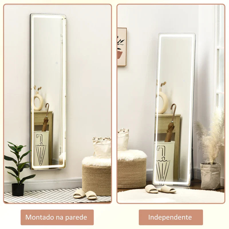Espelho de Pé de Corpo Inteiro Espelho de Pé com Luzes LED Controlo Remoto 3 Cores de Luzes Ajustável Brilho Ajustável e Estrutura de Alumínio 40x51x156,5cm Prata e Preto