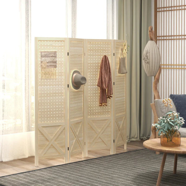Biombo de 4 Painéis Separador de Ambientes Dobrável 152x1,7x144,5 cm Divisor de Habitações Painéis com Orifícios para Pendurar para Escritório Dormitório Sala de Estar Madeira