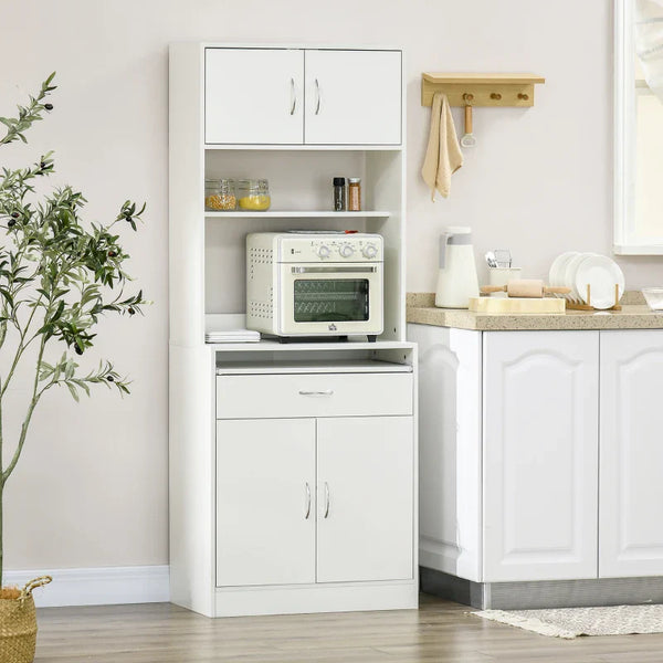 Armário de Cozinha Móvel Auxiliar de Cozinha com 4 Portas Bandeja Amovível Prateleira Ajustável Gaveta e Bancada para Micro-Ondas 70x40x180 cm Branco