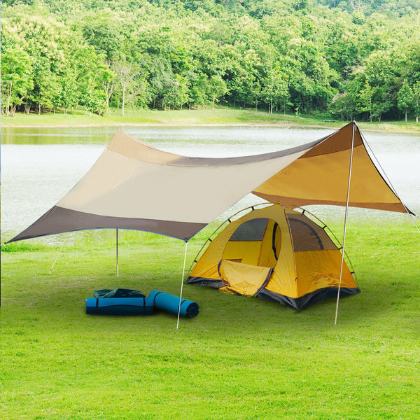 Abrigo de Campismo Portátil 555x550 cm Tenda de Campismo Impermeável com Proteção Solar para Praia Piquenique Exterior Marrom e Bege
