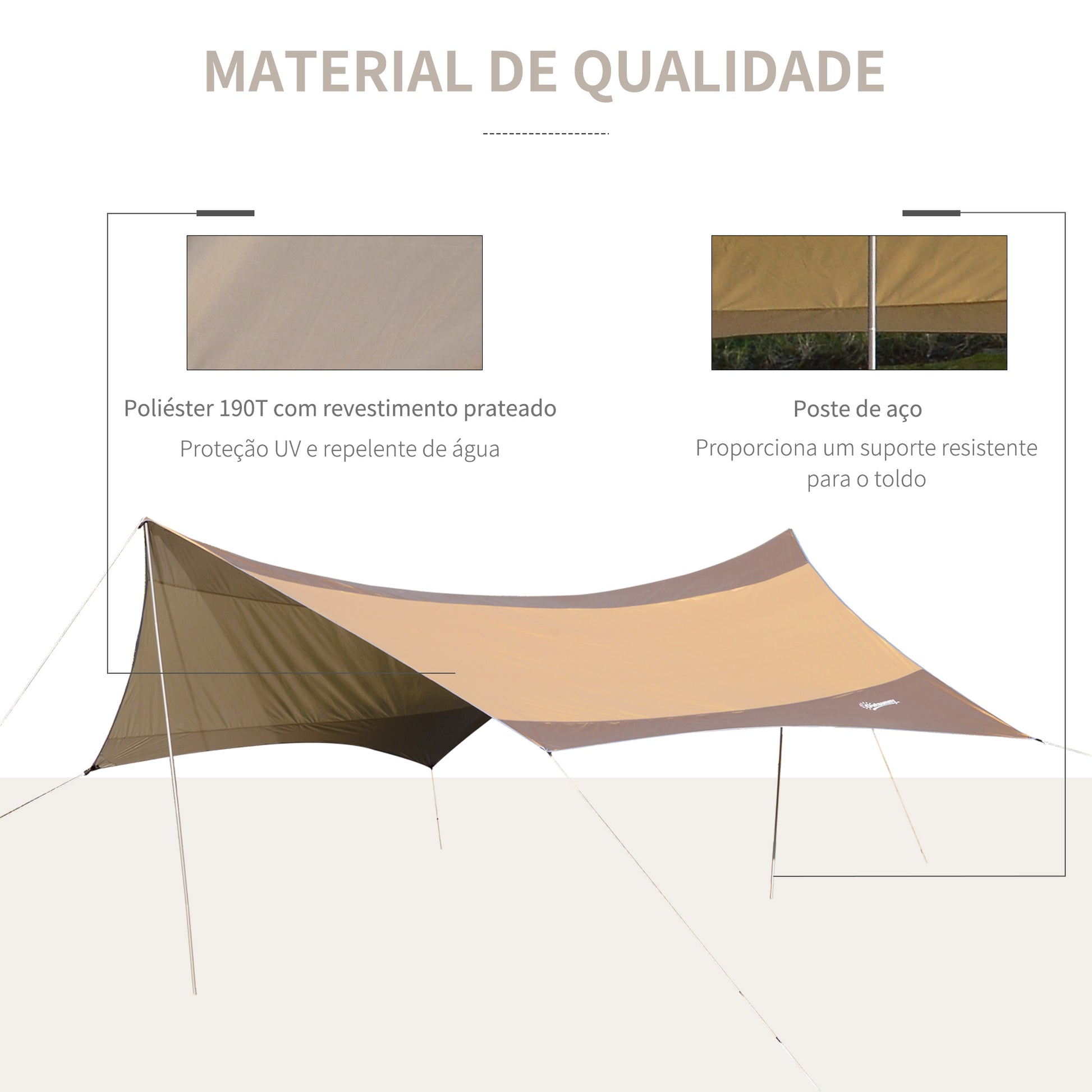 Abrigo de Campismo Portátil 555x550 cm Tenda de Campismo Impermeável com Proteção Solar para Praia Piquenique Exterior Marrom e Bege