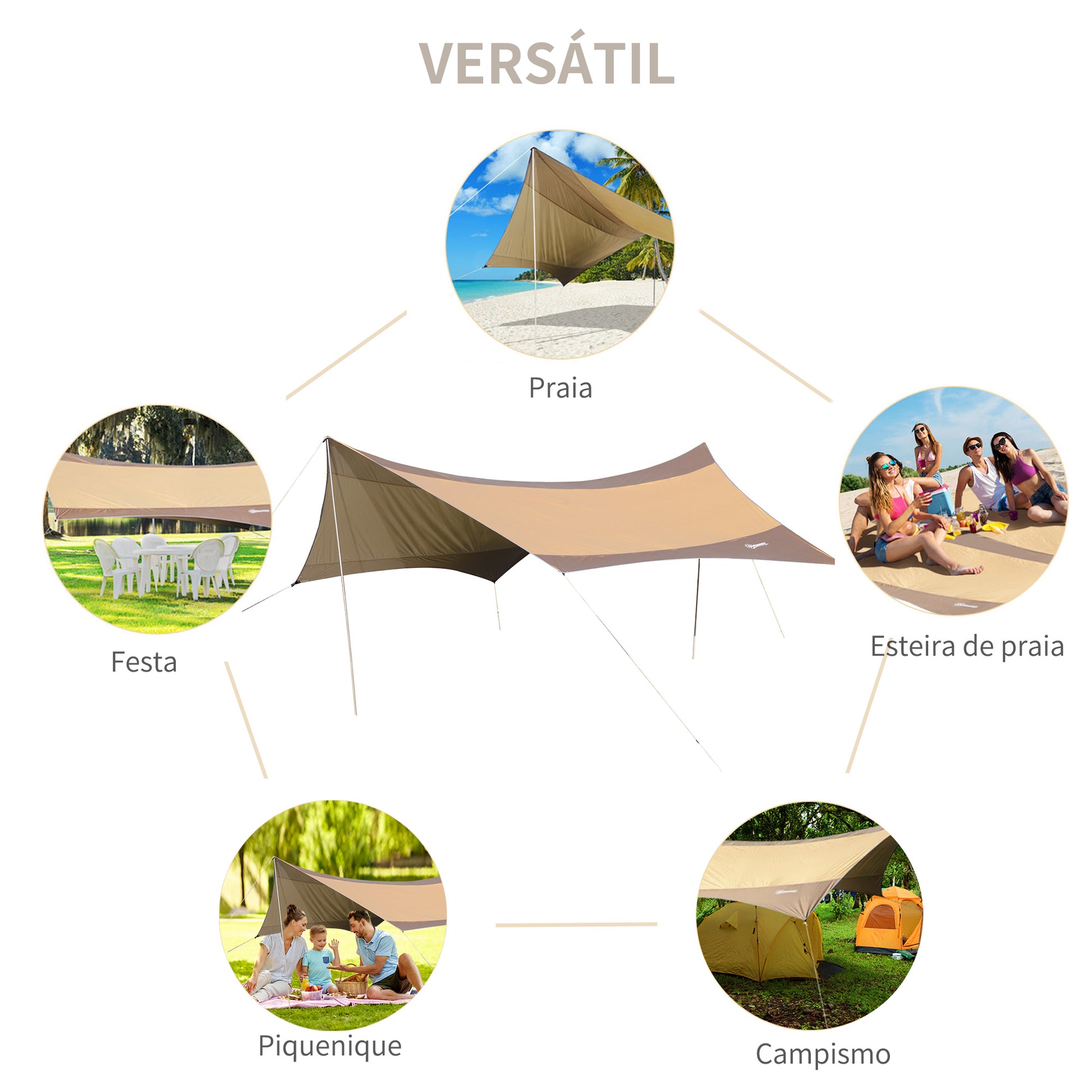 Abrigo de Campismo Portátil 555x550 cm Tenda de Campismo Impermeável com Proteção Solar para Praia Piquenique Exterior Marrom e Bege