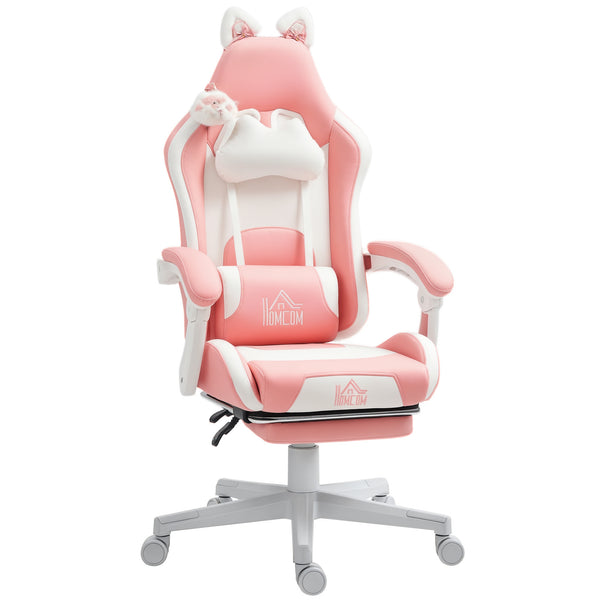 Cadeira Gaming com Orelhas Cadeira Gamer Reclinável com Altura Ajustável Apoio para os Pés Retrátil Suporte Lombar e Apoio para a Cabeça Desmontável Cadeira para Escritório 65x62x116-124 cm Rosa