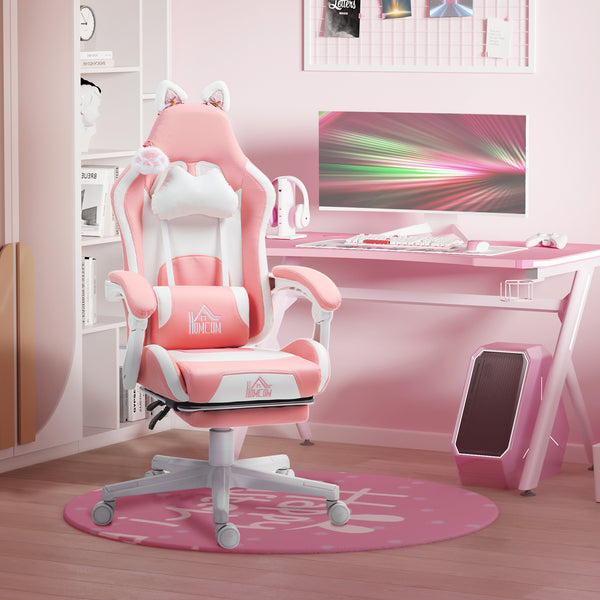 Cadeira Gaming com Orelhas Cadeira Gamer Reclinável com Altura Ajustável Apoio para os Pés Retrátil Suporte Lombar e Apoio para a Cabeça Desmontável Cadeira para Escritório 65x62x116-124 cm Rosa