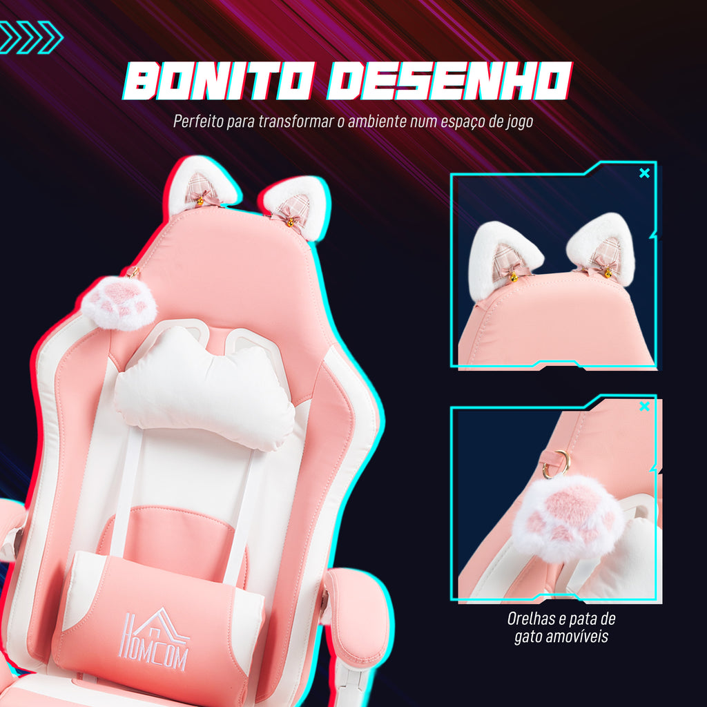 Cadeira Gaming com Orelhas Cadeira Gamer Reclinável com Altura Ajustável Apoio para os Pés Retrátil Suporte Lombar e Apoio para a Cabeça Desmontável Cadeira para Escritório 65x62x116-124 cm Rosa