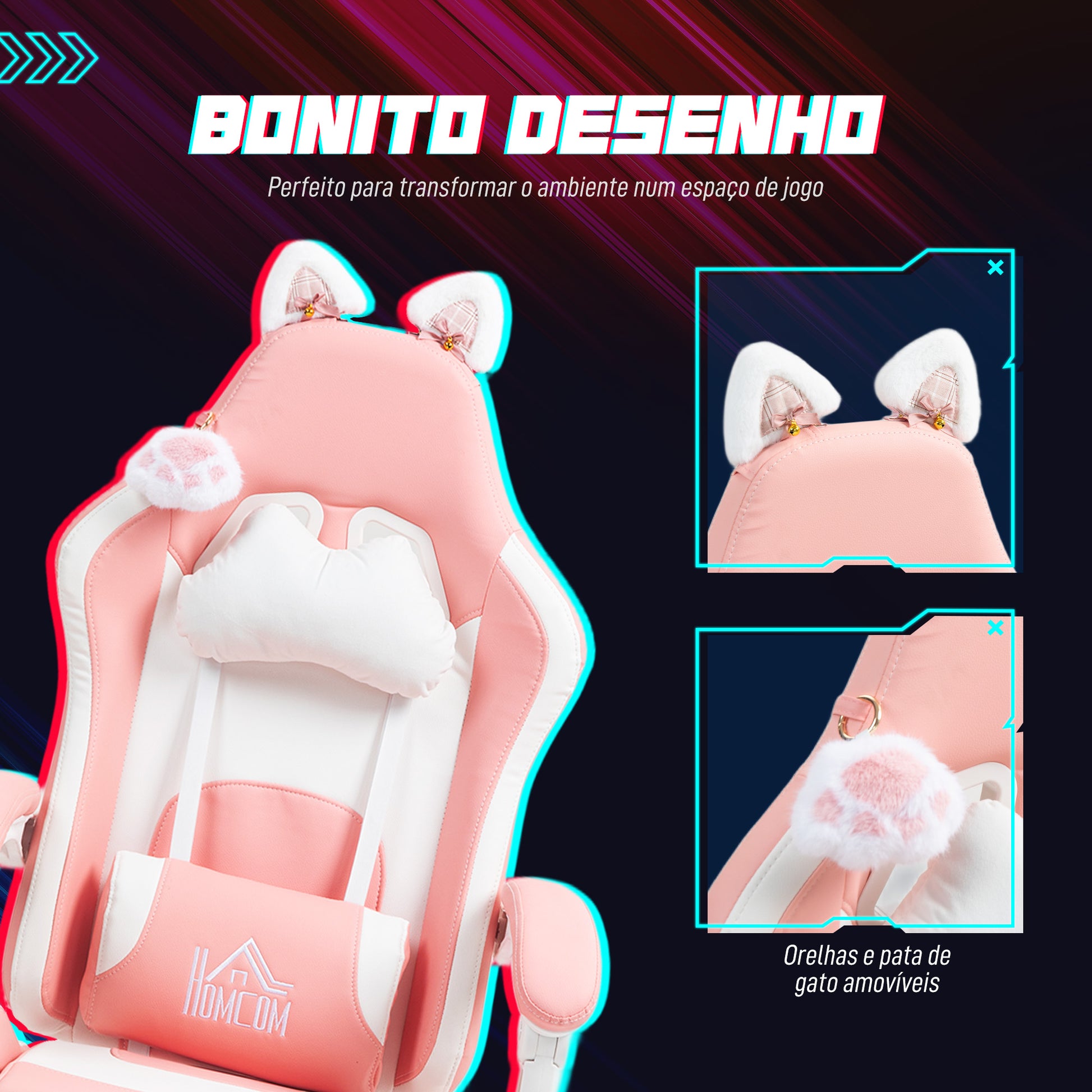 Cadeira Gaming com Orelhas Cadeira Gamer Reclinável com Altura Ajustável Apoio para os Pés Retrátil Suporte Lombar e Apoio para a Cabeça Desmontável Cadeira para Escritório 65x62x116-124 cm Rosa