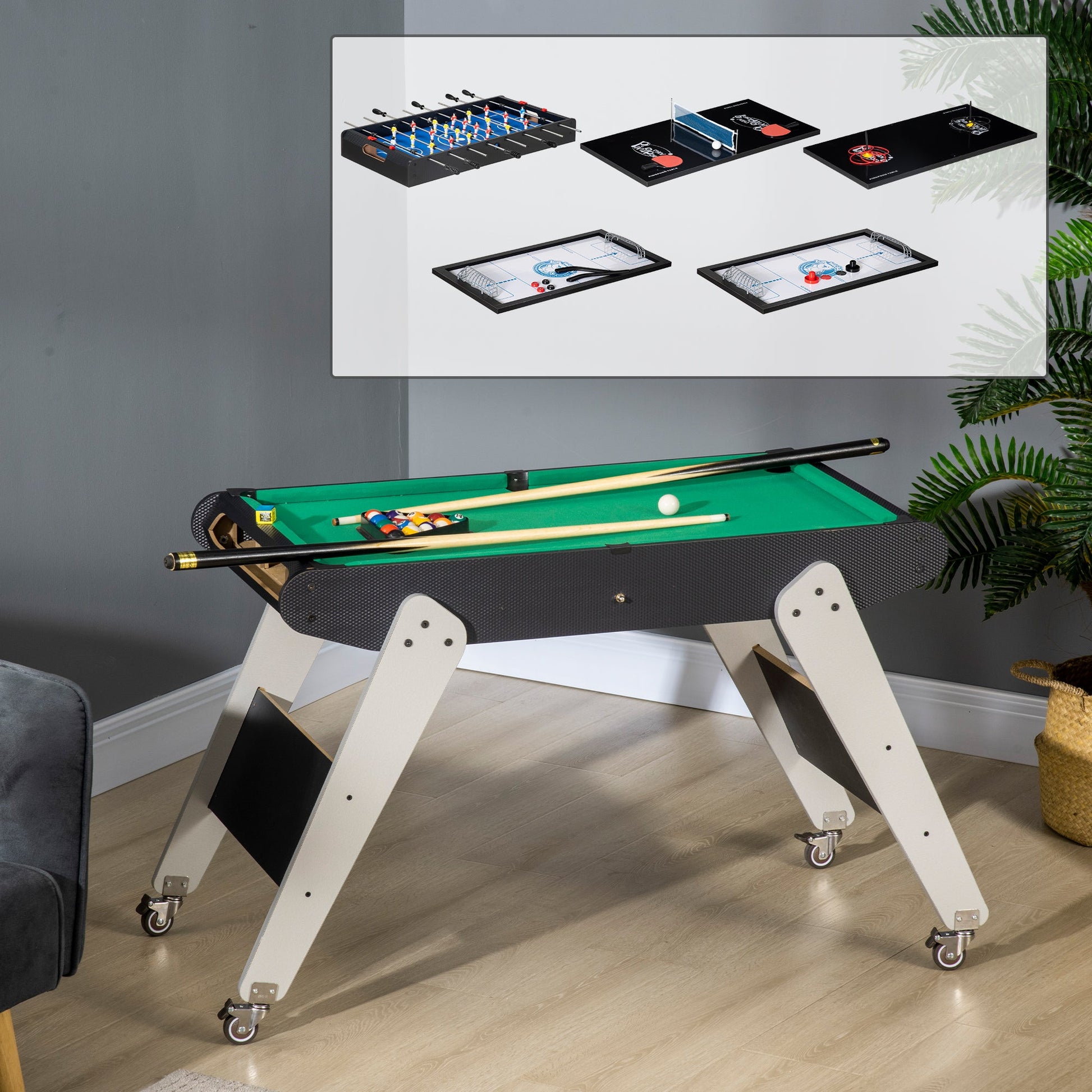 Mesa Multi Jogos para Crianças acima de 7 Anos Mesa de Jogos 6 em 1 com Rodas Bilhar Matraquilho Ping Pong Lançamento de Anéis Hóquei com Bastão e Hóquei com Discos 120x88x79cm Multicor