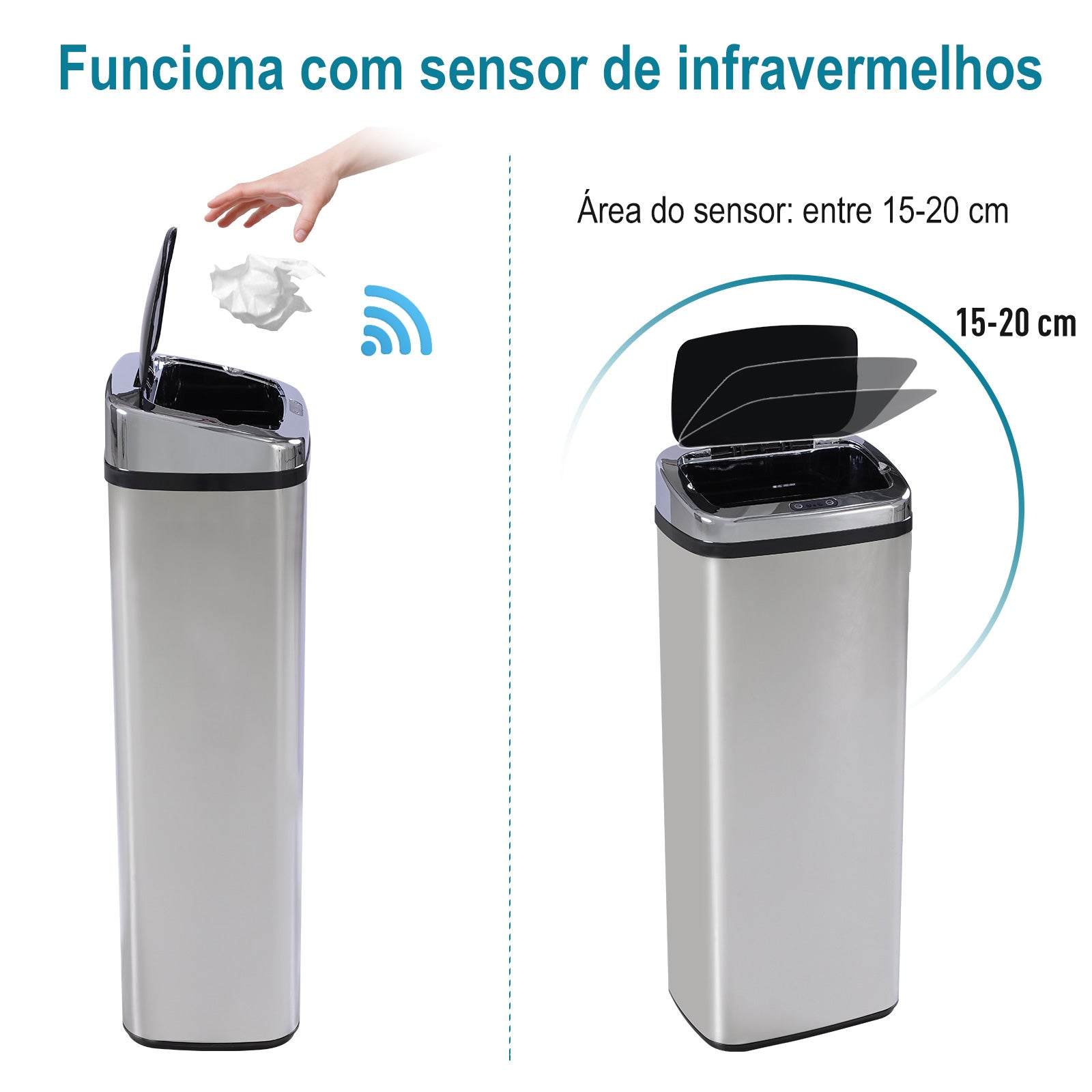 Balde de Lixo Inteligente de Aço Inoxidável 50L com Sensor Infravermelho de Abertura Automática para Cozinha Dormitório Casa de Banho 33x25x84 cm Prata e Preto