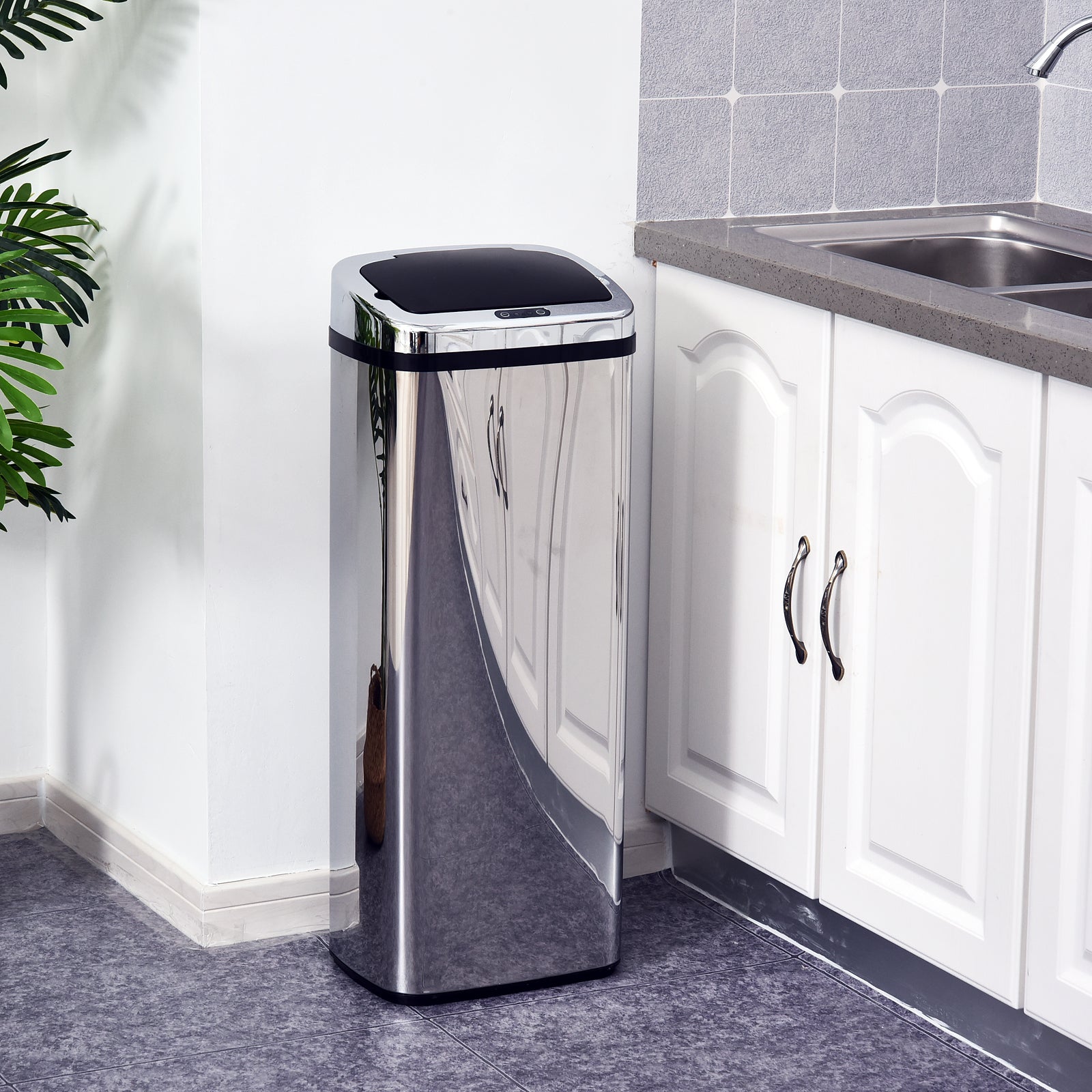 Balde de Lixo Inteligente de Aço Inoxidável 50L com Sensor Infravermelho de Abertura Automática para Cozinha Dormitório Casa de Banho 33x25x84 cm Prata e Preto