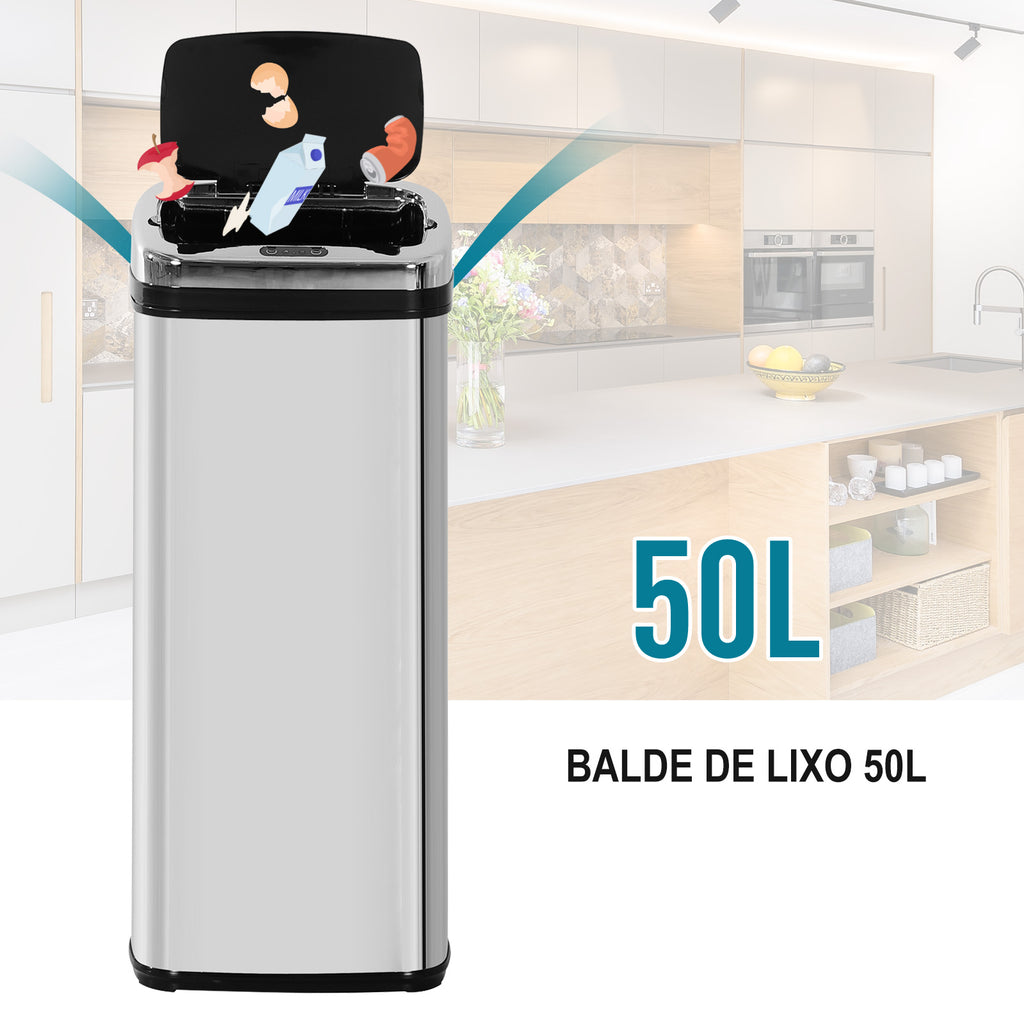 Balde de Lixo Inteligente de Aço Inoxidável 50L com Sensor Infravermelho de Abertura Automática para Cozinha Dormitório Casa de Banho 33x25x84 cm Prata e Preto