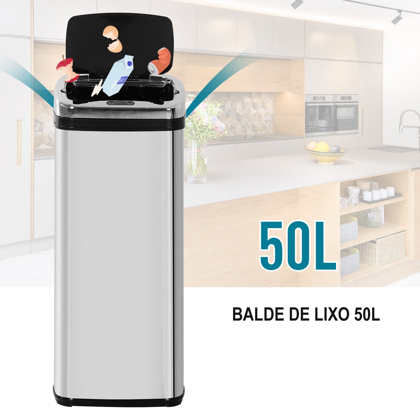 Balde de Lixo Inteligente de Aço Inoxidável 50L com Sensor Infravermelho de Abertura Automática para Cozinha Dormitório Casa de Banho 33x25x84 cm Prata e Preto