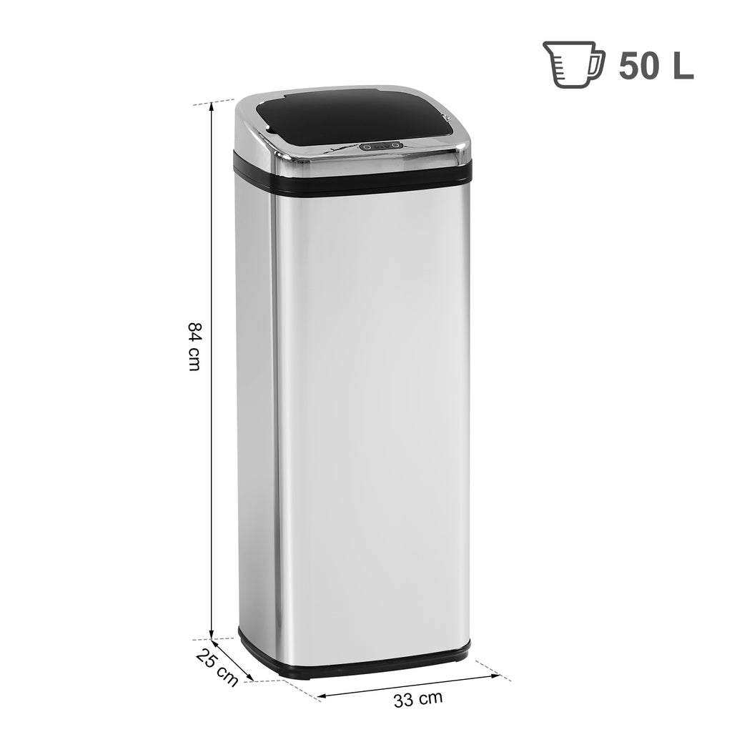 Balde de Lixo Inteligente de Aço Inoxidável 50L com Sensor Infravermelho de Abertura Automática para Cozinha Dormitório Casa de Banho 33x25x84 cm Prata e Preto