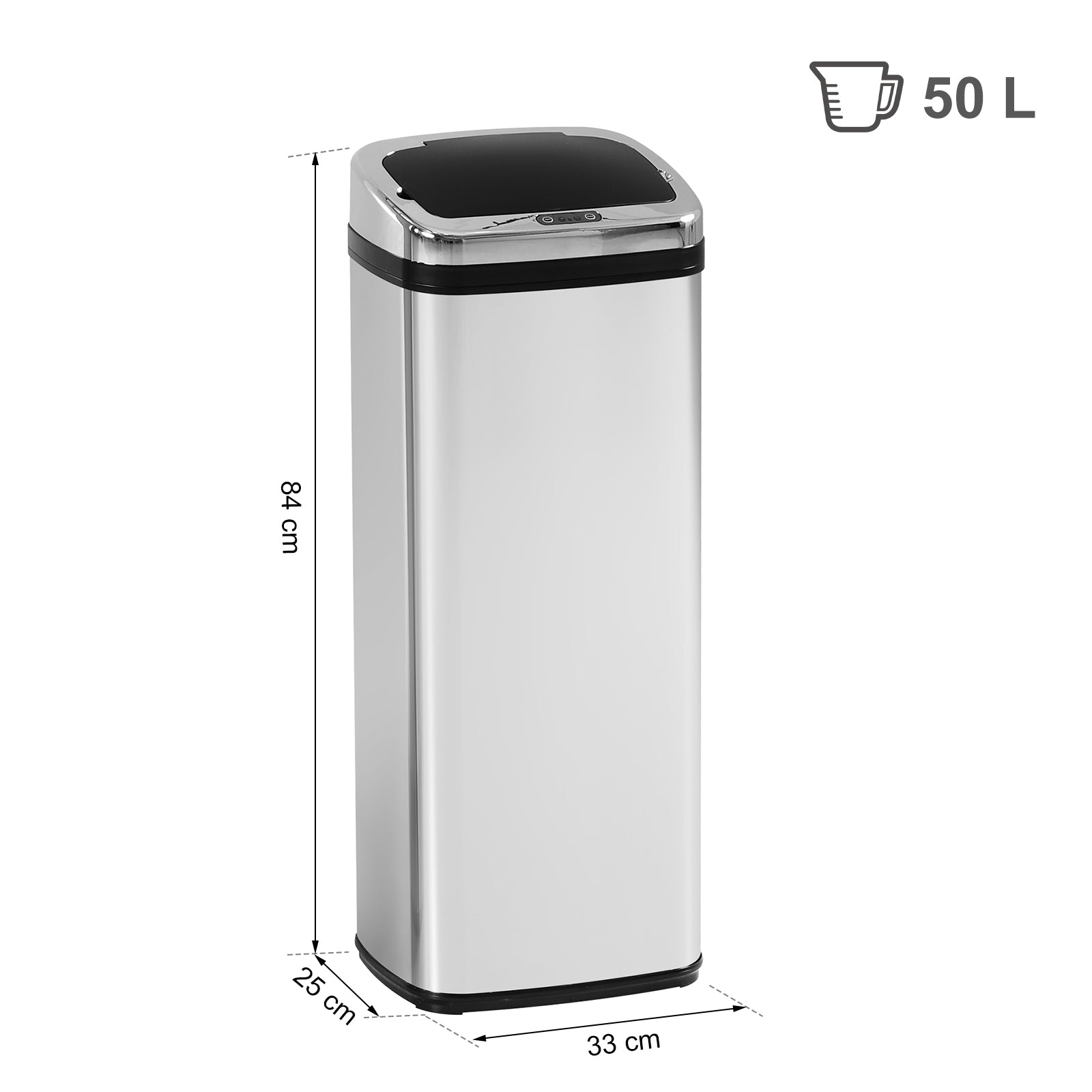 Balde de Lixo Inteligente de Aço Inoxidável 50L com Sensor Infravermelho de Abertura Automática para Cozinha Dormitório Casa de Banho 33x25x84 cm Prata e Preto