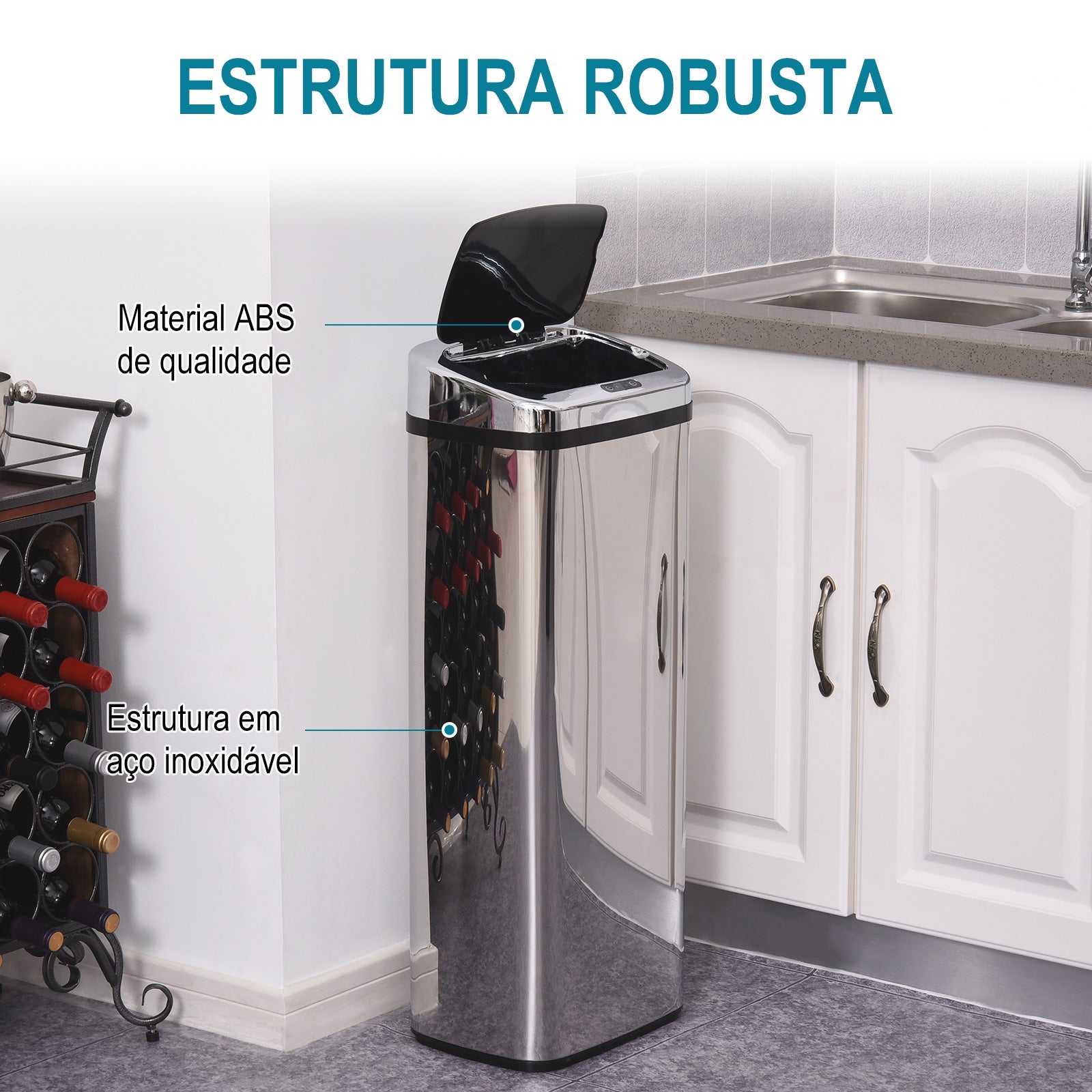 Balde de Lixo Inteligente de Aço Inoxidável 50L com Sensor Infravermelho de Abertura Automática para Cozinha Dormitório Casa de Banho 33x25x84 cm Prata e Preto