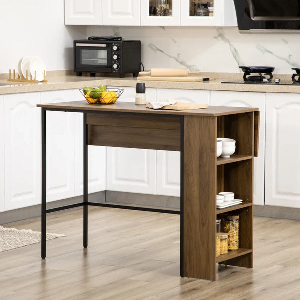 Mesa de Bar Extensível Mesa de Bistrô com 3 Prateleiras de Armazenamento e Estrutura de Metal para Cozinha Sala de Jantar 120x76x91,4cm Marrom