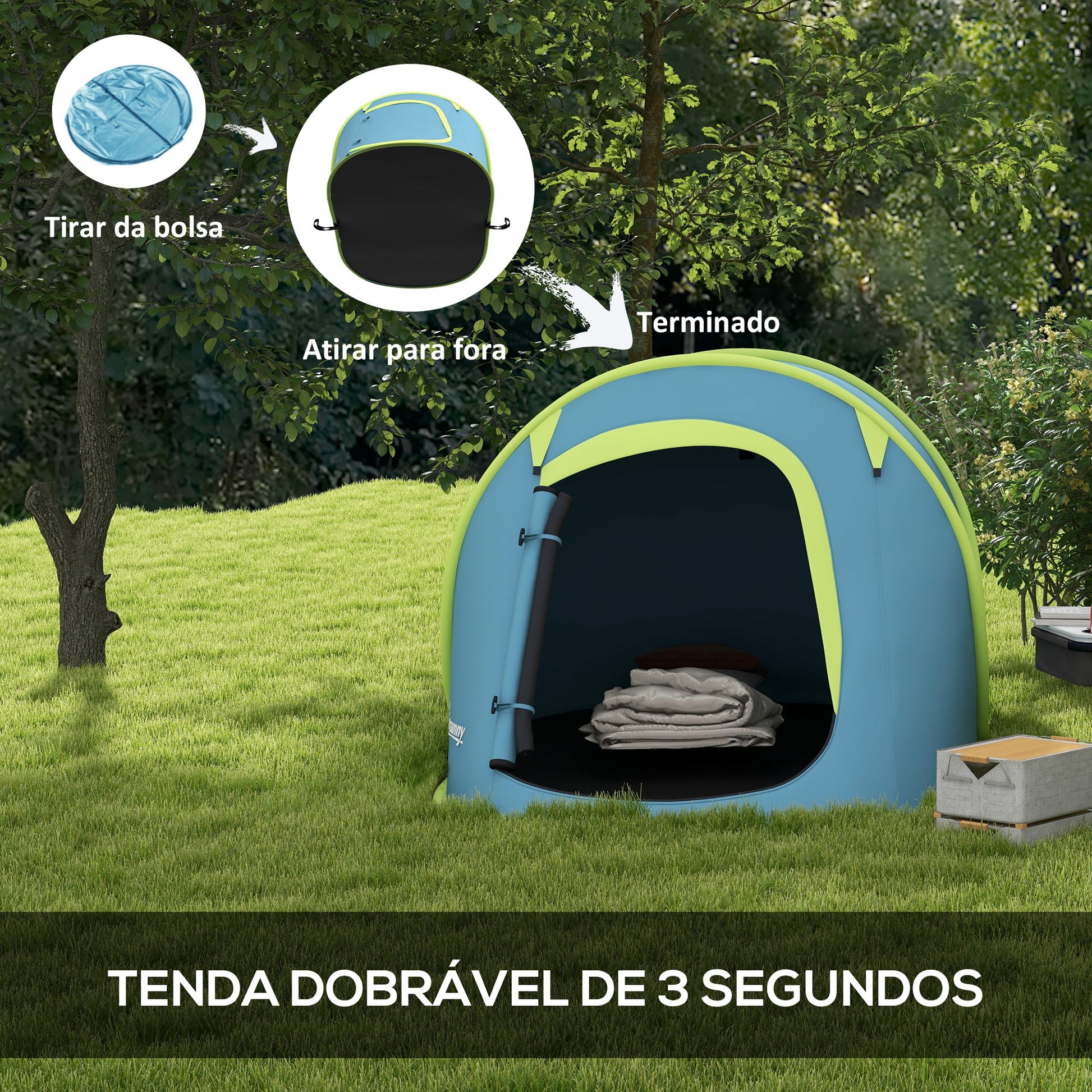 Tenda de Campismo para 1-2 Pessoas Tenda de Campismo Impermeável de 2000 mm com Bolsa de Transporte para Campismo Pesca Trekking 245x148x105 cm Azul