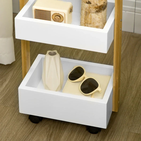 Carrinho de Armazenamrento de Bambu Carrinho Auxiliar com Rodas Carrinho de Cozinha com 3 Cestos e Alça para Sala de Estar Casa de Banho 28x18x75 cm Branco e Madeira