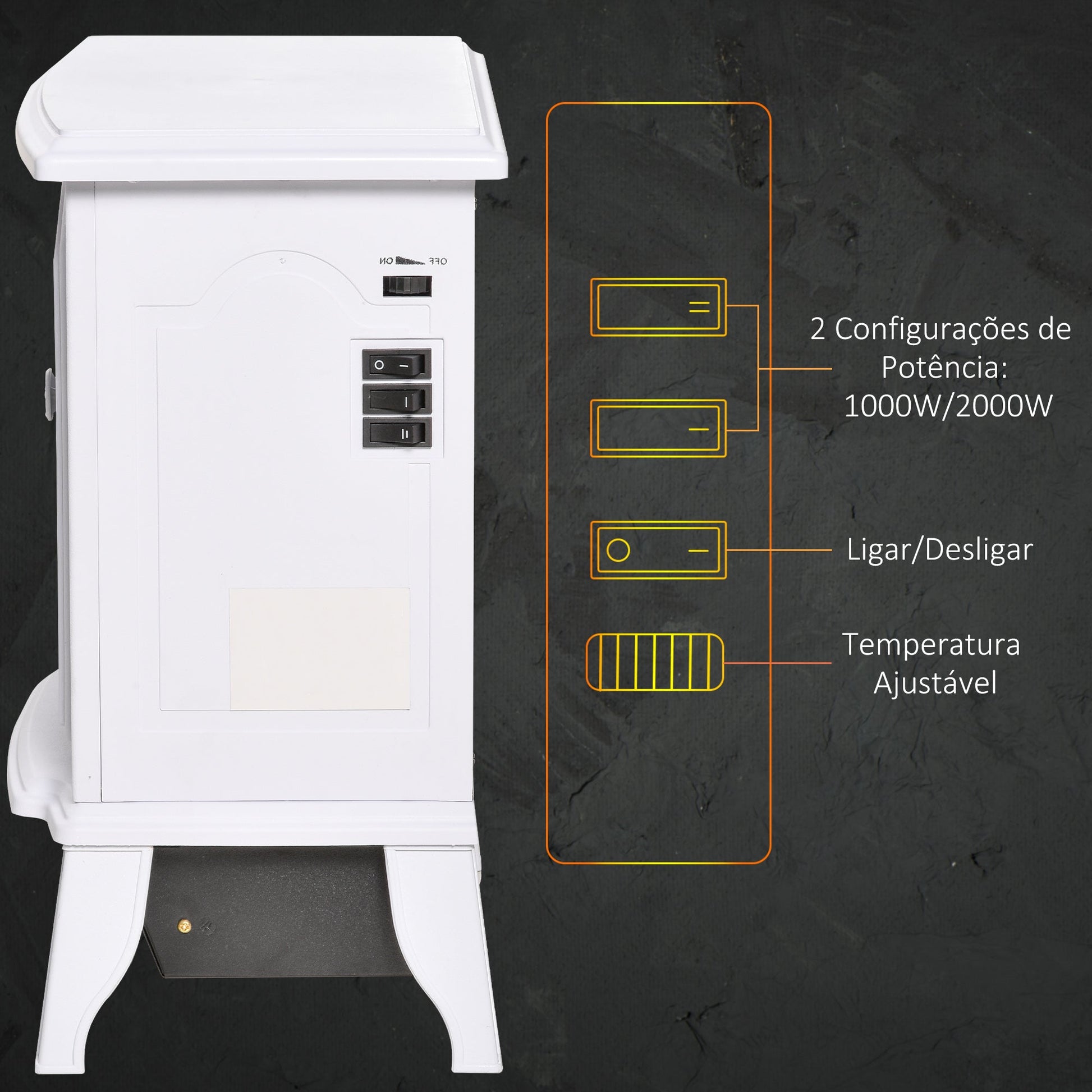 Lareira Elétrica Portátil 1000/2000W com Simulação de Chama Termostato Ajustável e Proteção de Superaquecimento para Salas de até 25m² 36,5x24x41,5cm Branco