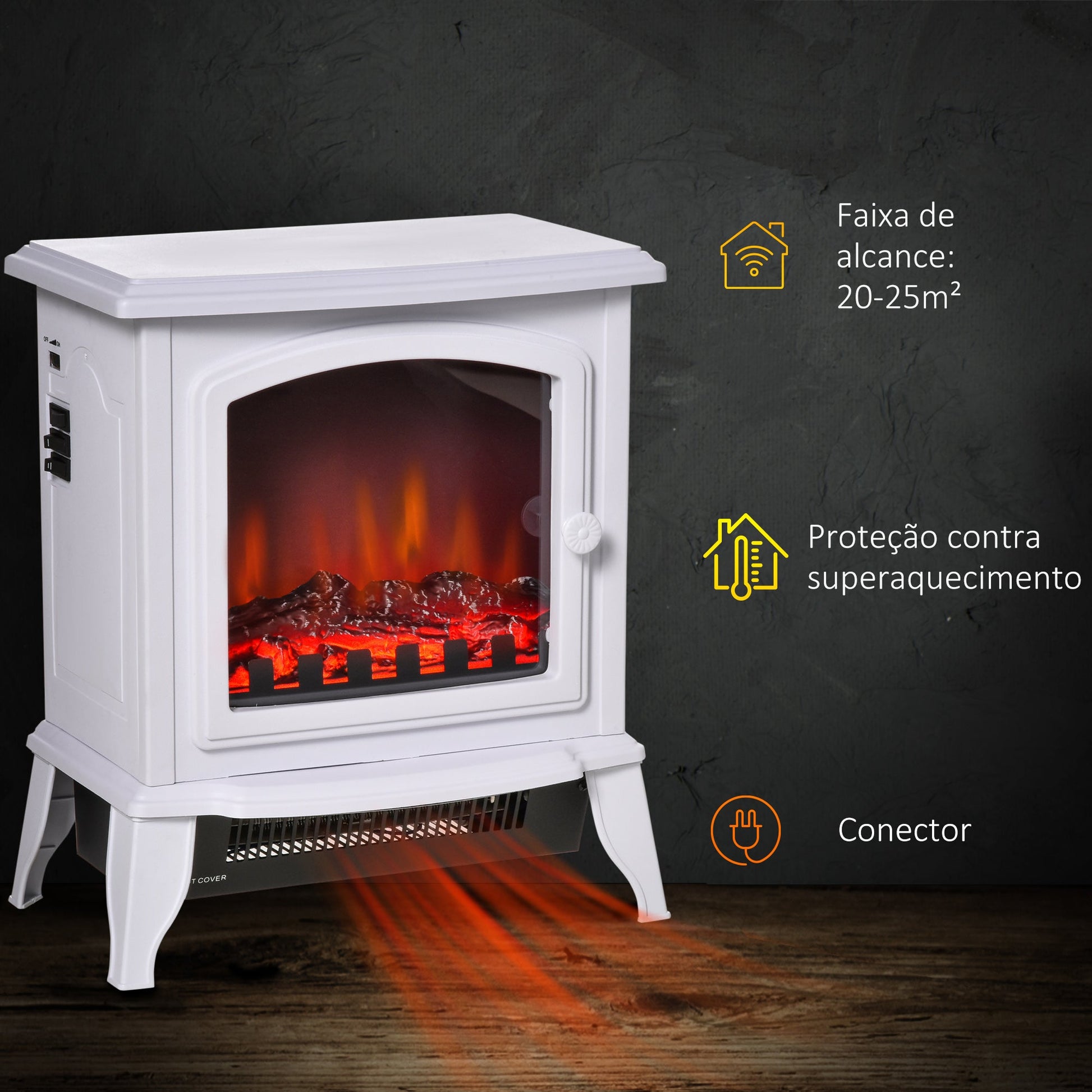 Lareira Elétrica Portátil 1000/2000W com Simulação de Chama Termostato Ajustável e Proteção de Superaquecimento para Salas de até 25m² 36,5x24x41,5cm Branco