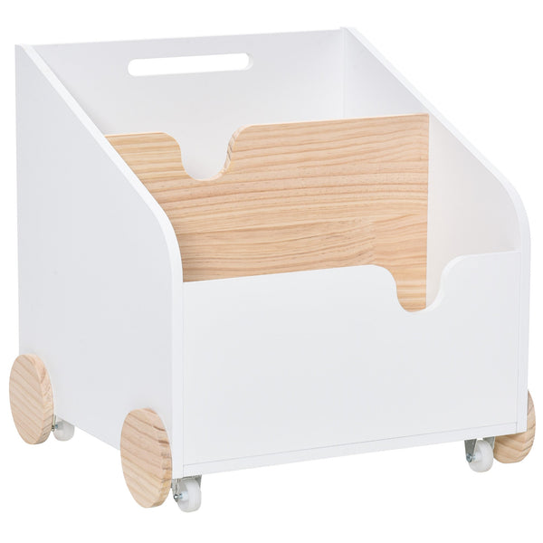 Caixa de Armazenamento de Brinquedos de 2 Seções com Rodas Puxador Carrinho de Madeira Infantil 40x43x43cm Branco e Madeira Natural